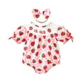 thumbnail image 1 of Rhoudy Barboteuse de Printemps pour Filles, Col Ras du Cou, Manches Courtes, Imprimés de Fraises, Grenouillère, Cache-Couche, Ensemble avec Bandeaux, Rose, 6-12 Mois, 1 of 6