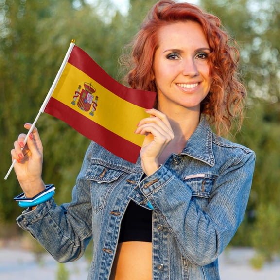 Livetty 12PCS - Spain Country Flag 5.5x8.2 inch Plastic Stick Polyester Fabric Stitched Edges Hand Held Mini Small Flags