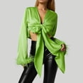 thumbnail image 6 of KOMOO Women Tie Front Blouse Feather Long Sleeve Ruffle Drawstring Cardigan Crop Top Satin Shirt Tops, 6 of 10