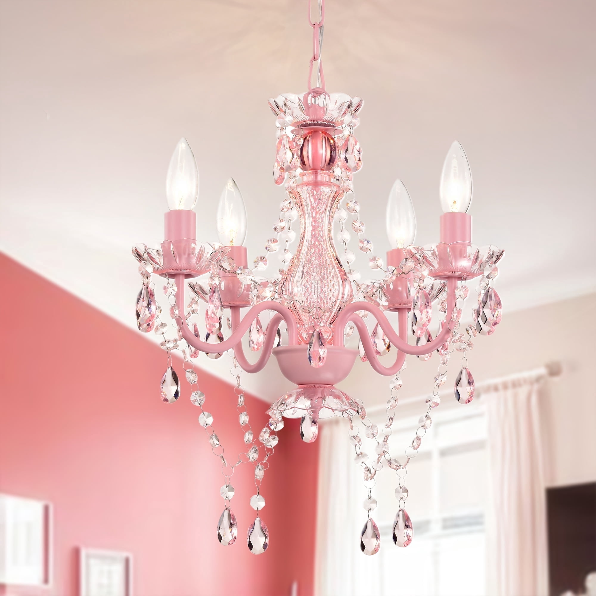Small Pink Chandelier, 4-Light Acrylic Crystal Ceiling Lights for Girls Bedroom, Nursery, Playroom