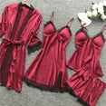 thumbnail image 4 of Women's Silk Satin 4PC Elegant Lounge Dress Set Floral Lace Robe Homewear Luxury Lace-Trimmed Design, 4 of 5