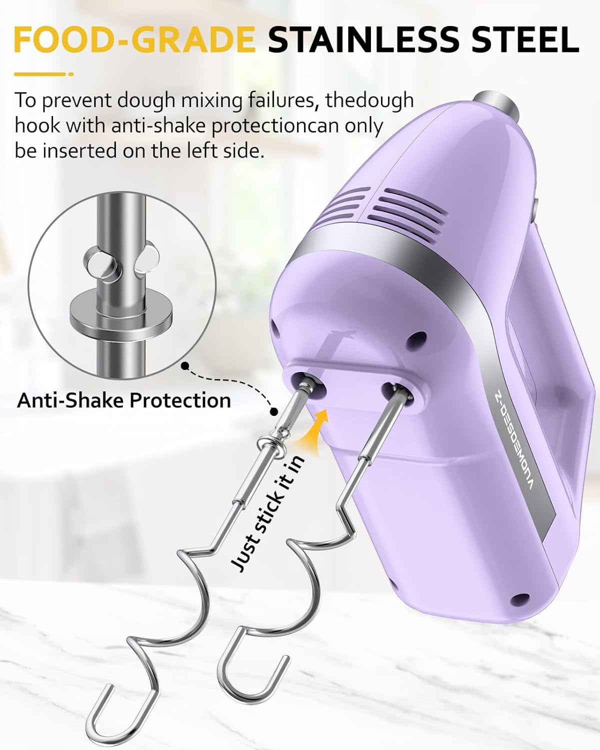 Electric Hand Mixer, Powerful 300W Mixer Handheld with 304 Beaters, Dough Hook,Hand Held Turbo for Baking Cakes, Eggs, Cream Food(Purple)