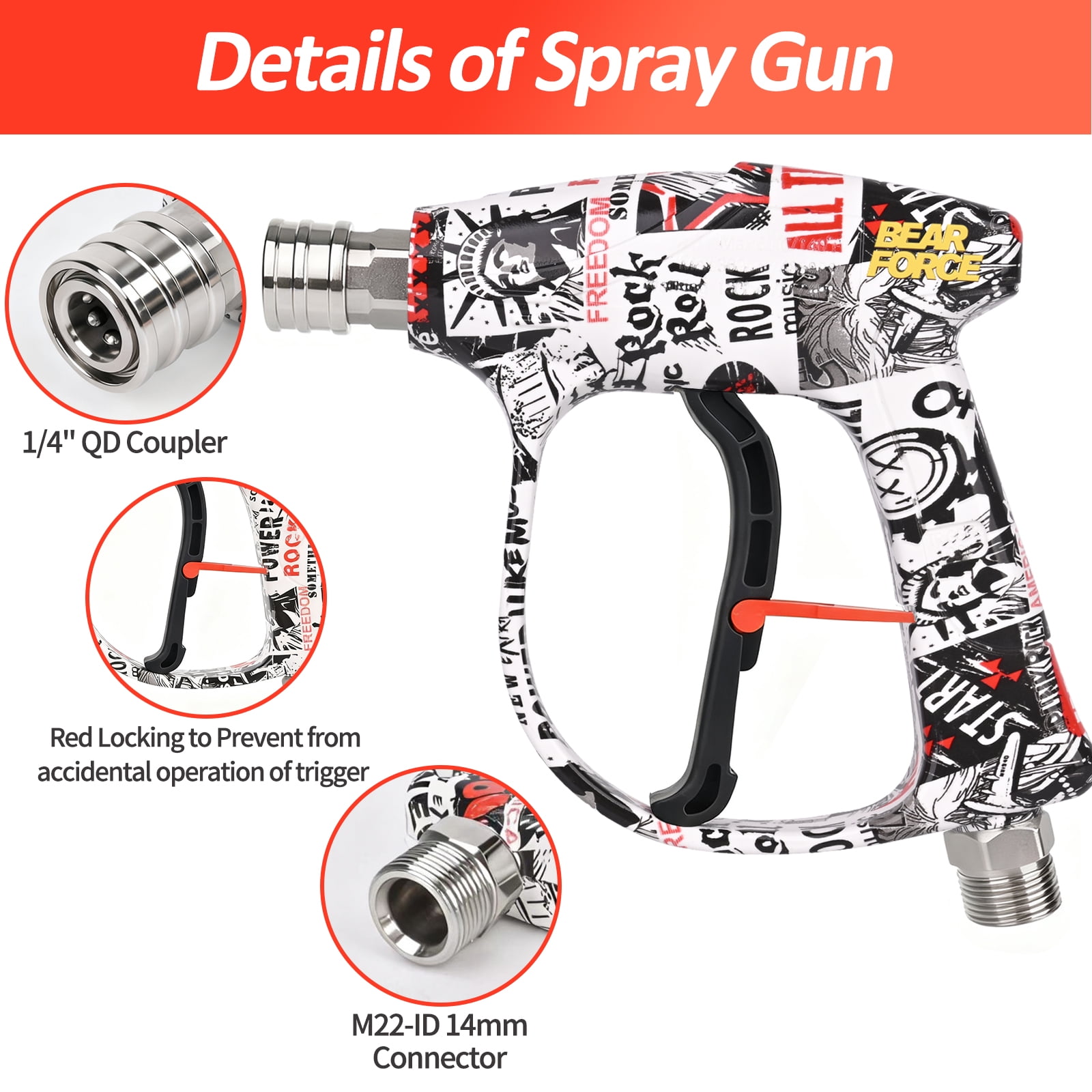 Bear Force Pressure Washer Color Painted Short Spray Gun & Foam Cannon Set, M22-ID14mm Max 3000 PSI, for Kar-Cher Pressure Washer, Car Wash Detailing