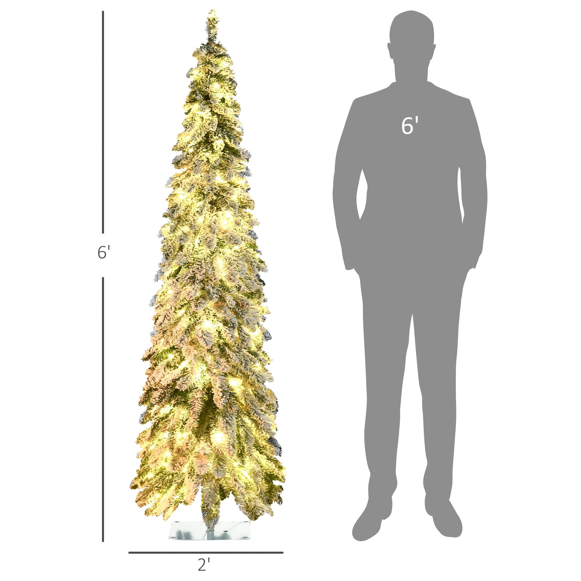 6 ft Artificial Slim Christmas Tree with Snow Frosted Branches, Pre-Lit LED Lights, Downswept Pencil Shape for Small Rooms and Entryways
