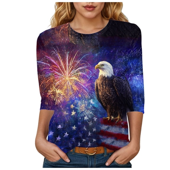 vigerkar 3/4 Sleeve Plus Size Patriotic Tops for Women USA Flag 4Th July American Red White Blue Star Stripe T-Shirt Plus Size (Purple, L)