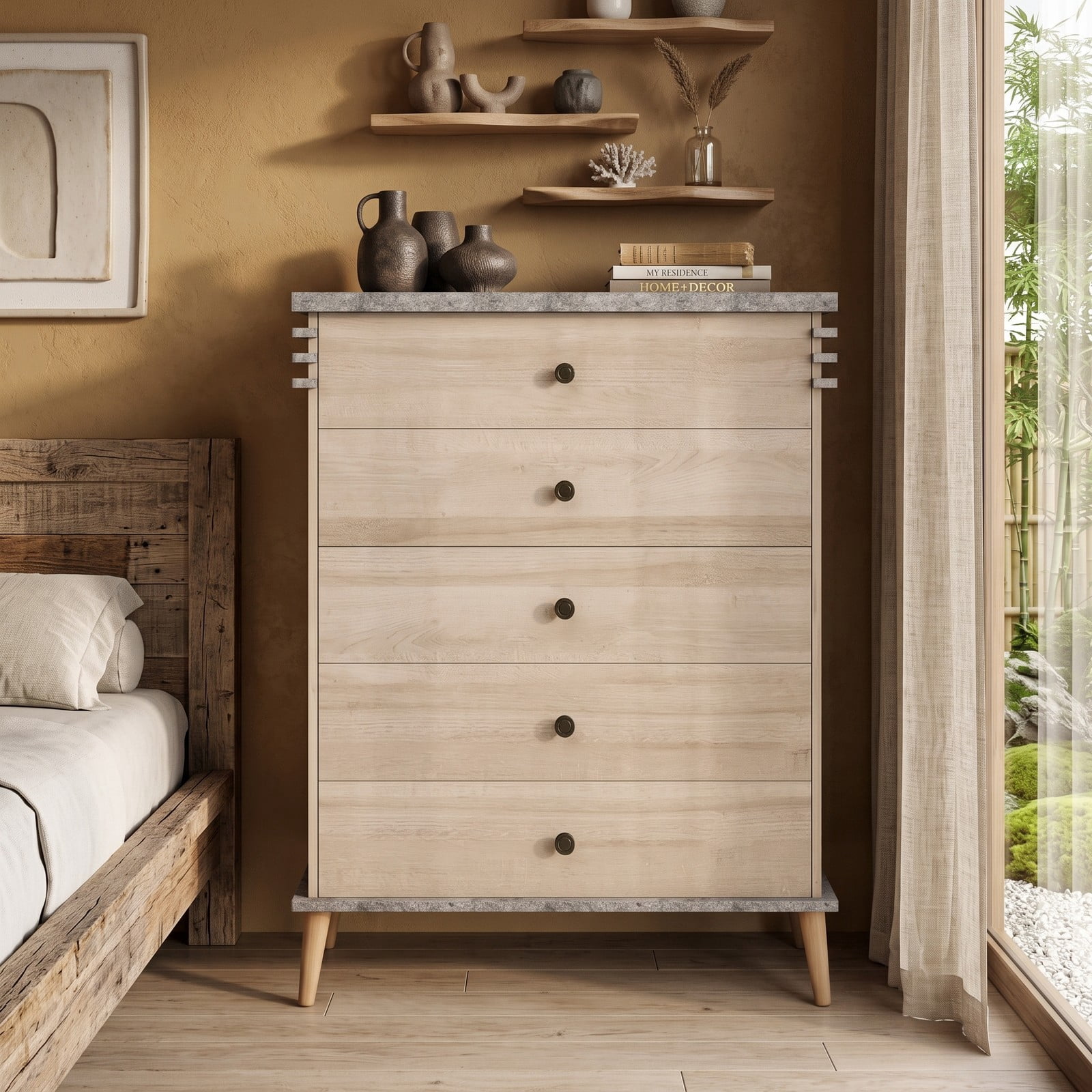 Furnibear Farmhouse 5-Drawer Tall Dresser with Metal Knobs and Solid Wood Legs for Bedroom and Closet Storage, Antique Grey and Natural