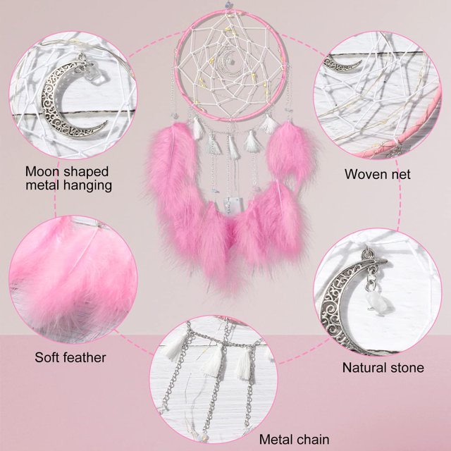 Pink Dream Catchers, Room Nursery Decor for Girls Boys, Handmade Feather Wall Decor with Lights, Home Ornaments Craft Gift
