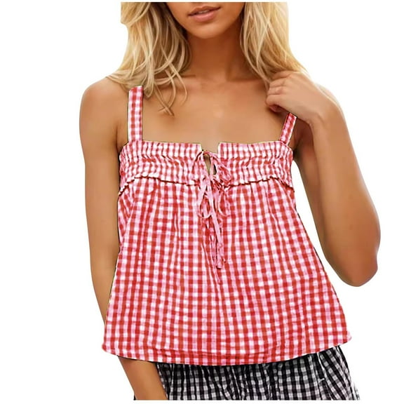 fatyb Womens Plaid Tank Tops Square Neck Tie Front Shirts for Women Crop Sleeveless Summer Going out Tops