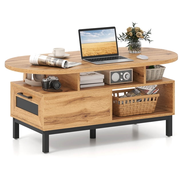 Costway 47" Oval Top Coffee Table with 4 Open Compartments & Drawer, 5 support legs Natural