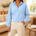 thumbnail image 2 of Liweisiy Women's Half Zip Stand Collar Sweatshirt Drop Shoulder Long Sleeve Solid Color Shirts With Pocket Casual Cropped Pullover Tops Light Blue 2XL, 2 of 5
