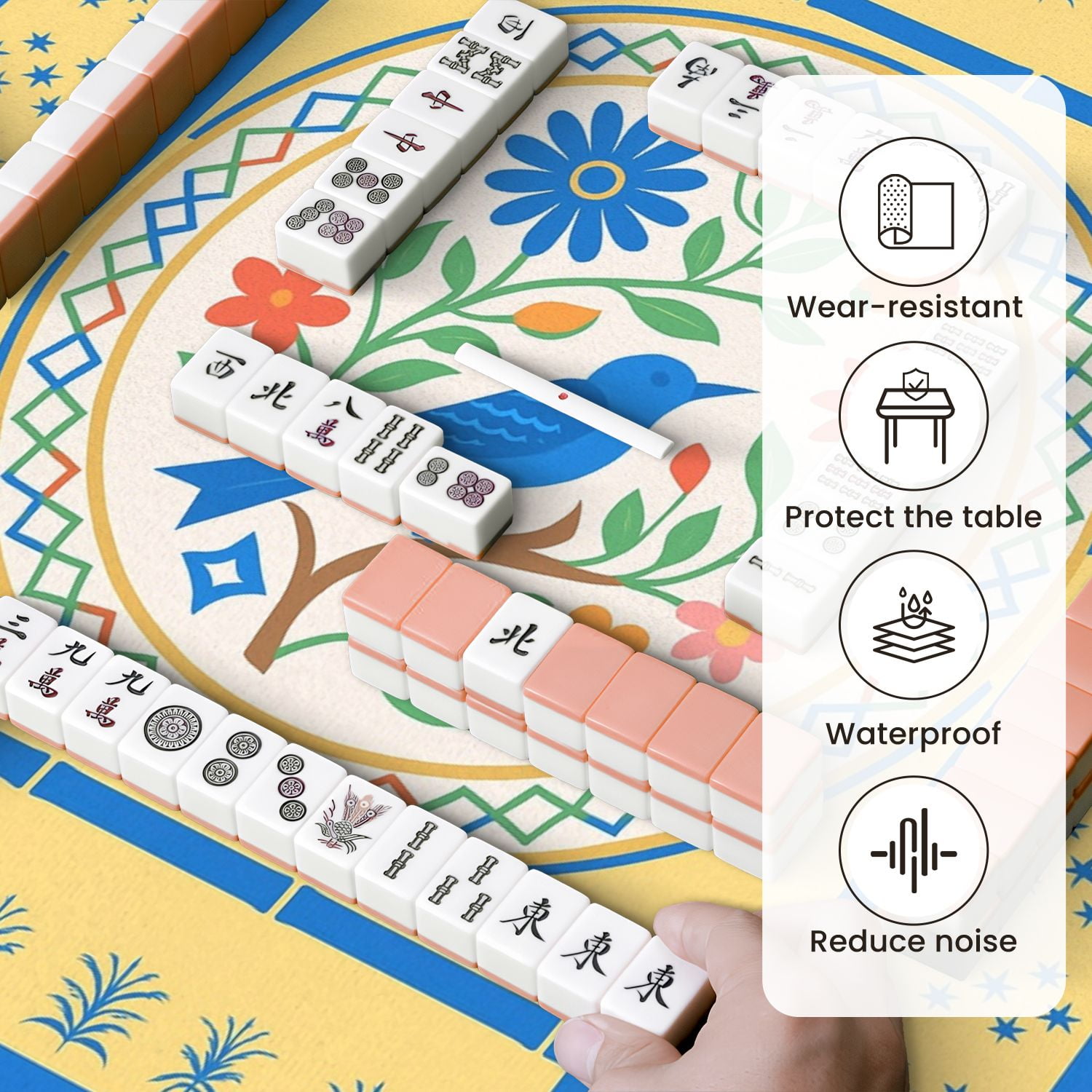 Mahjong Mat 31.5" x 31.5" Blue Bird Colorful Anti-Slip and Noise Reduction Symmetry Design Mahjong Tiles Table Cover for Dominoes Poker Card Board and Tile Games