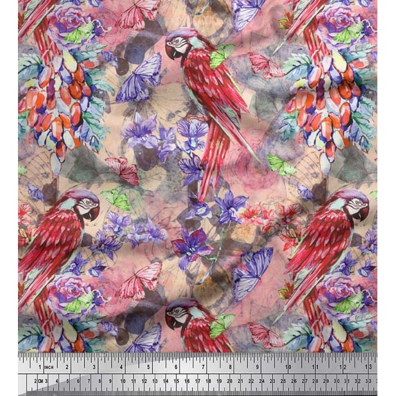 Soimoi Orange Velvet Fabric Floral,Insect & Parrot Bird Print Fabric by Yard 58 Inch Wide