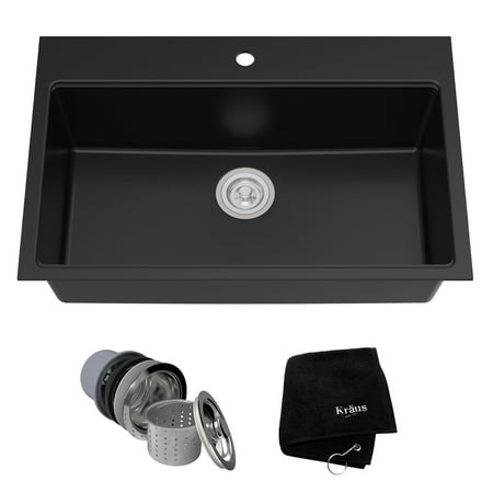 Black Kitchen Sink - KRAUS 31 Inch Dual Mount Single Bowl Granite Kitchen Sink w/ Topmount and Undermount Installation in Black Onyx