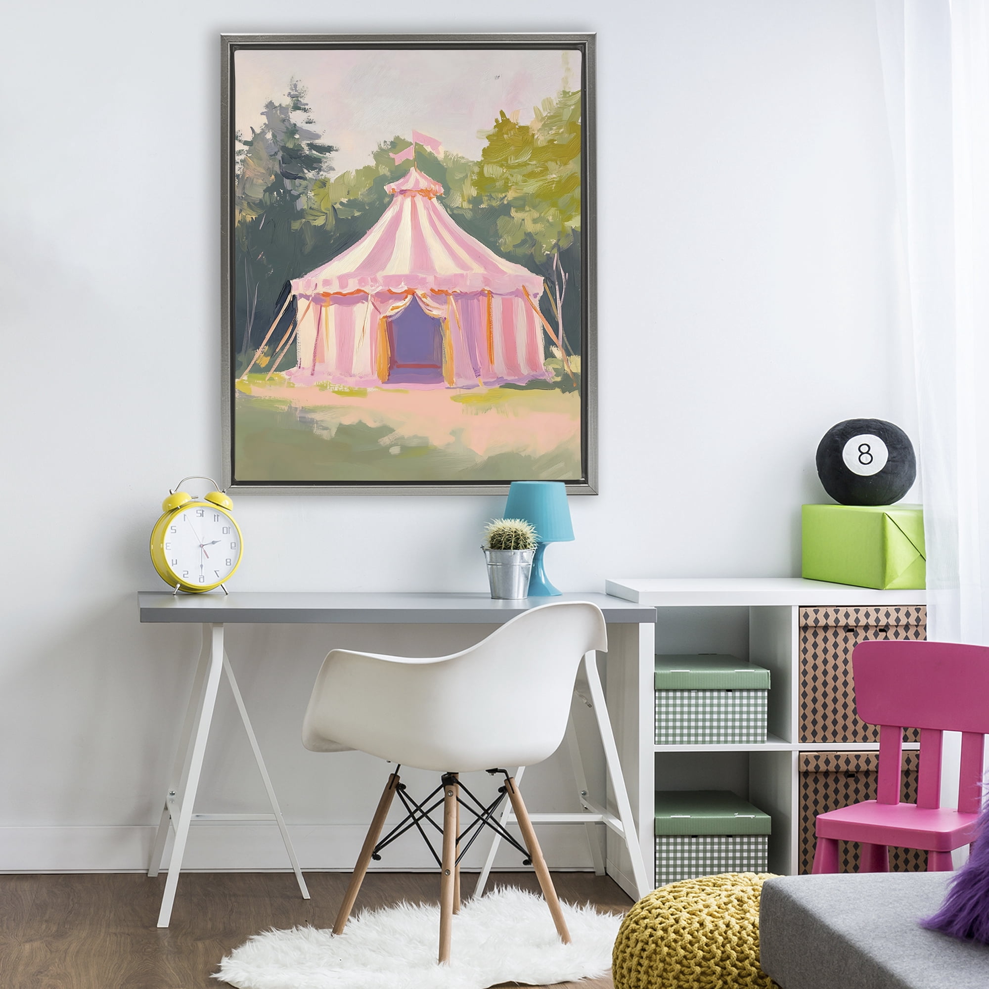 Stupell Industries Pink Circus Tent in Meadow Gray Framed Floater Canvas Wall Art, design by The Prints Vibe