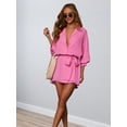 thumbnail image 4 of Women'S Collar V Neck Button Down Pleated 3/4 Sleeve Mini Shirt Dress with Belt Rose Red L, 4 of 9