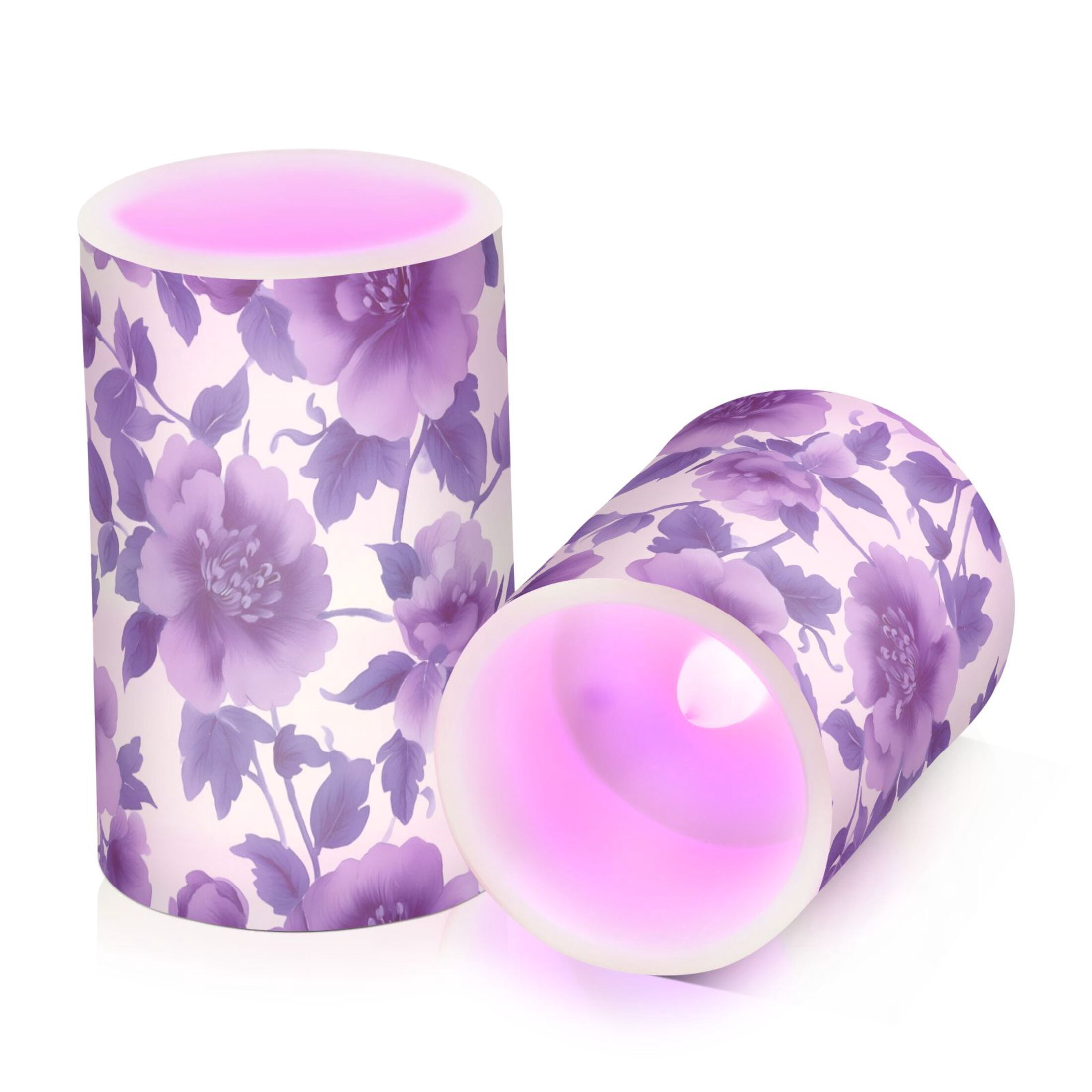 Purple Flowers and Leaves Flickering Flameless Candles Battery Operated with Remote Timer LED Pillar Candles Set of 2