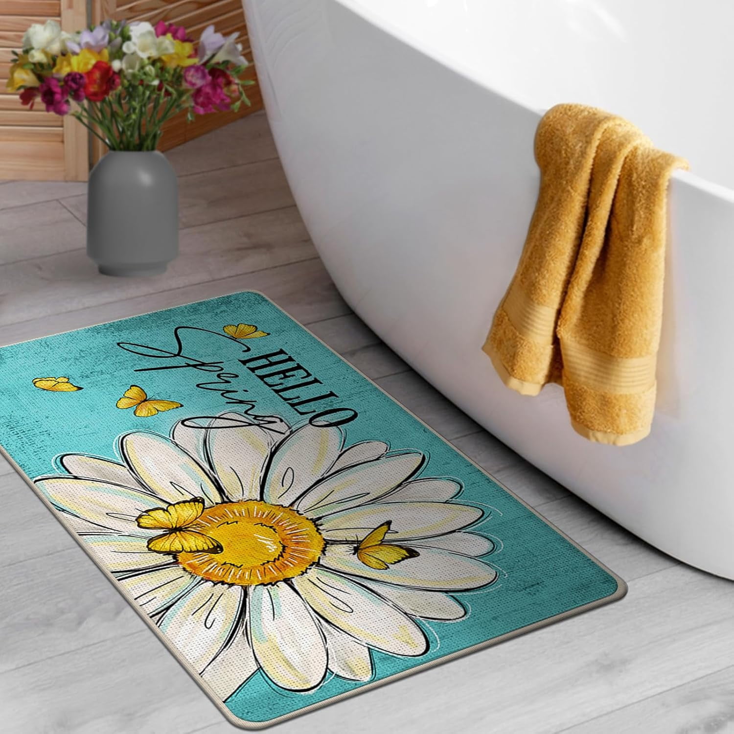 Hello Spring Daisy Flower Decorative Front Door Mat, Floral Butterfly Teal Doormat Indoor Outdoor Non-Slip Floor Entryway Rug, Seasonal Home Kitchen Decoration 17x29 Inch