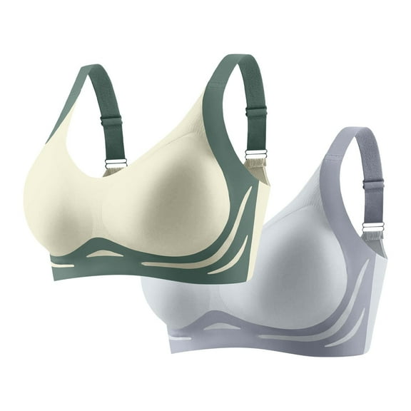 2 Pack Wireless Bras for Plus Size Women Full Coverage Breathable Underwear Color Block Comfortable Sports Bras (L, Army Green,Blue)