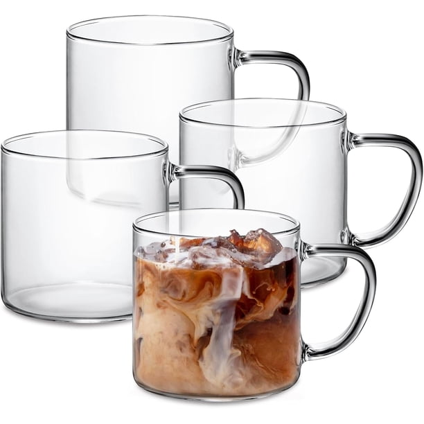 Juego de 4 tazas de café de vidrio grandes de 14 onzas con asas antiescaldadas, tazas transparentes ligeras y duraderas para café con capuchino americano, té, leche, jugo de café expreso