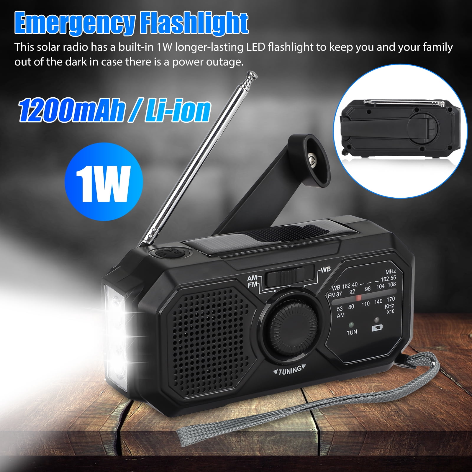 NOAA Weather Radio, Weather Radio NOAA Alert with LED Flashlight, 1200mAh Power Bank, SOS Alarm, FM AM SW Emergency Solar Hand Crank Radio for Camping, Hiking, Traveling