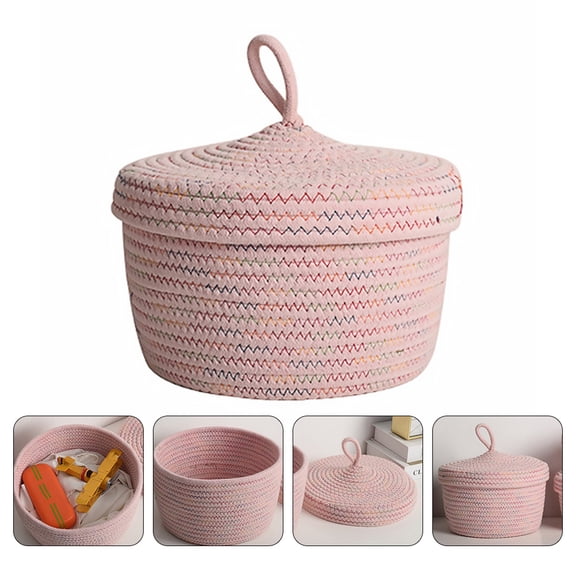 TEHAUX Small Cotton Rope Basket with Lid, Woven Storage Container for Home, Office, and General Use