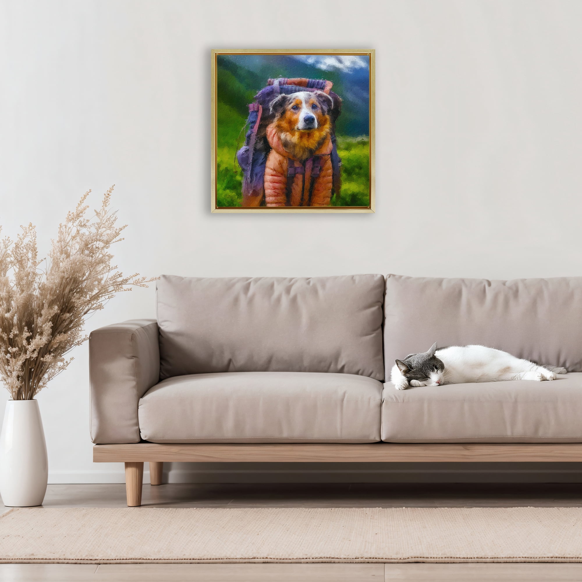 Stupell Industries Backpacking Hiker Dog Gold Framed Floater Canvas Wall Art, design by Sean Parnell