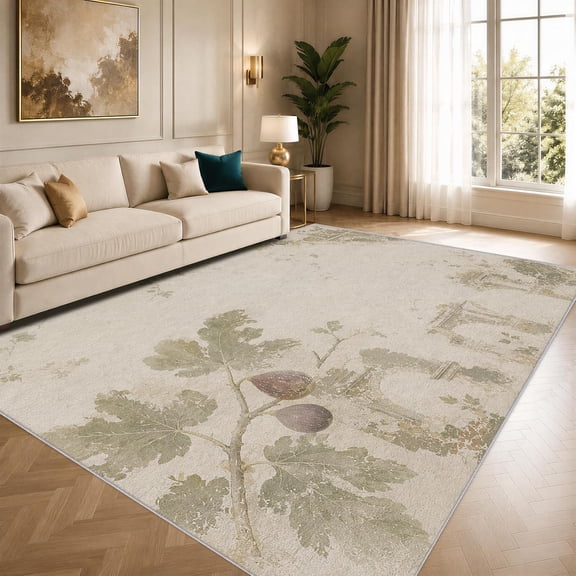 Olive Fig Botanical Area Rugs, Mediterranean Garden Plant Carpet, Washable Non Slip Low Pile Soft Rug for Living Room Bedroom Home Office Decor Mat 2x3ft