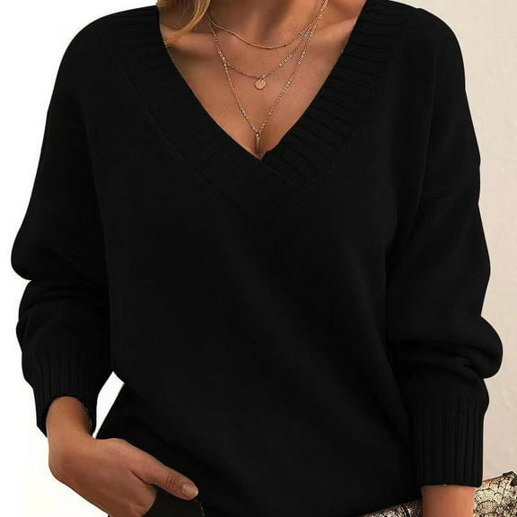 Guieoi Womens Sweaters 2025 Womens Sweaters Clearance Loose Knitted Pullover Top Loose V-Neck Casual Versatile Knit Sweater Black Black*Friday/Cyber*Monday Clearance