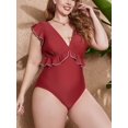 thumbnail image 3 of Charmo Women Ruffled Swimwear V Neck Plus Size Monkini Tie Back Bath Suit Tummy Control Swimsuit, 3 of 5
