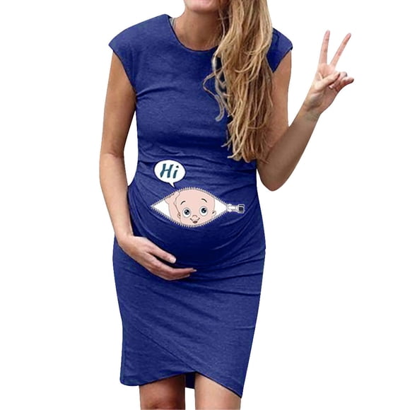 Pisexur Cute Baby Hi - Women's Maternity Bodycon Dress Pregnancy Clothes Side Ruch Crew Neck Cap Sleeve Dress for Baby Shower Daily (S-2XL)