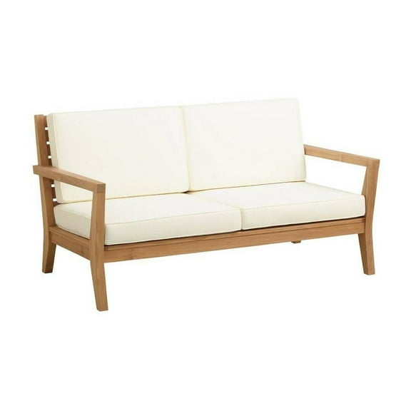 Linon Barlow Outdoor Solid Teak 2 Seat Sofa and UV Resistant Cushions in Natural