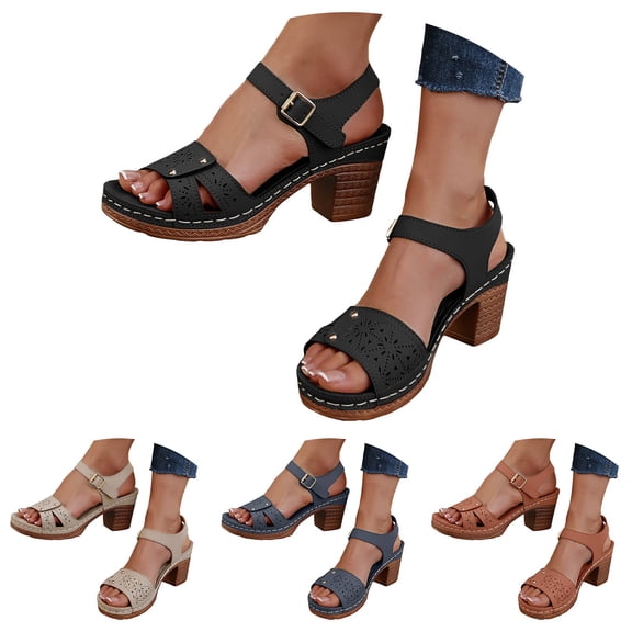 Modisza Chunky Heel Wedge Sandals for Women Adjustable Ankle Strap Low Block Heels Platform Open Toe Summer Walking Shoes Black 6