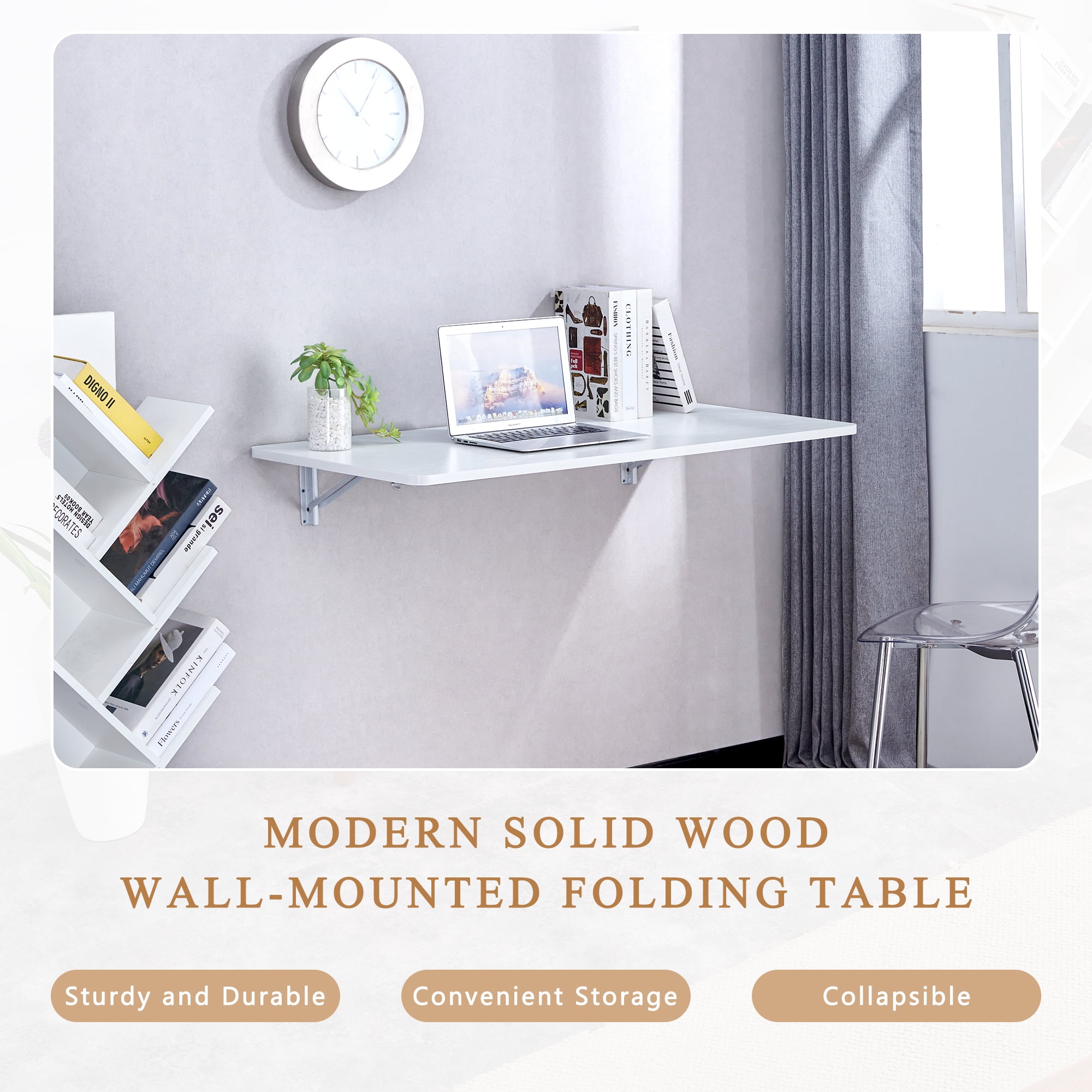 Wall Mounted Folding Table, Floating Desk for Laundry Room, Fold Down Table with Full-Folding Hinge for Small Space Kitchen Bathroom Easy Install, White