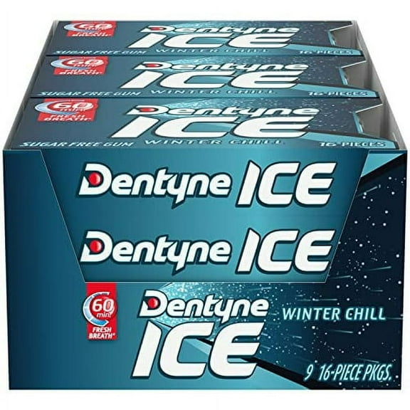 DENTYNE ICE WINTER CHILL GUM — 16 PIECES PER PACK — 9 PACK VALUE BOX — ULTRA-COOLING WINTERMINT SUGAR-FREE CHEWING GUM FOR LONG-LASTING FRESHNESS