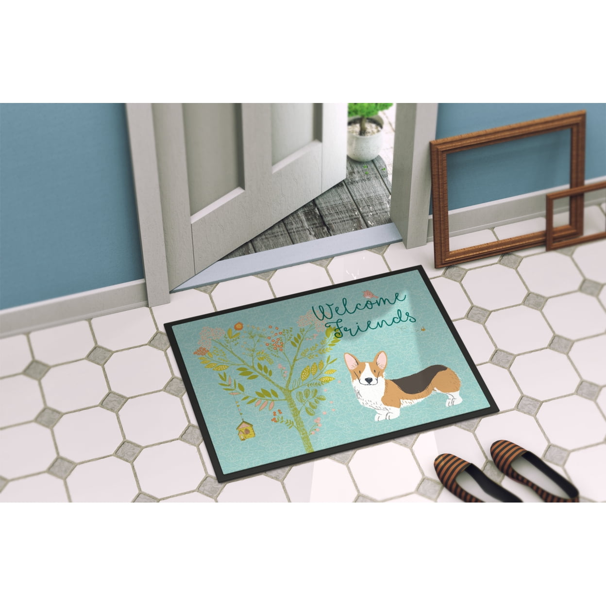 Carolines Treasures BB7609MAT Welcome Friends Pembroke Welsh Corgi Tricolor Doormat 18x27 27"L x 18"W multicolor