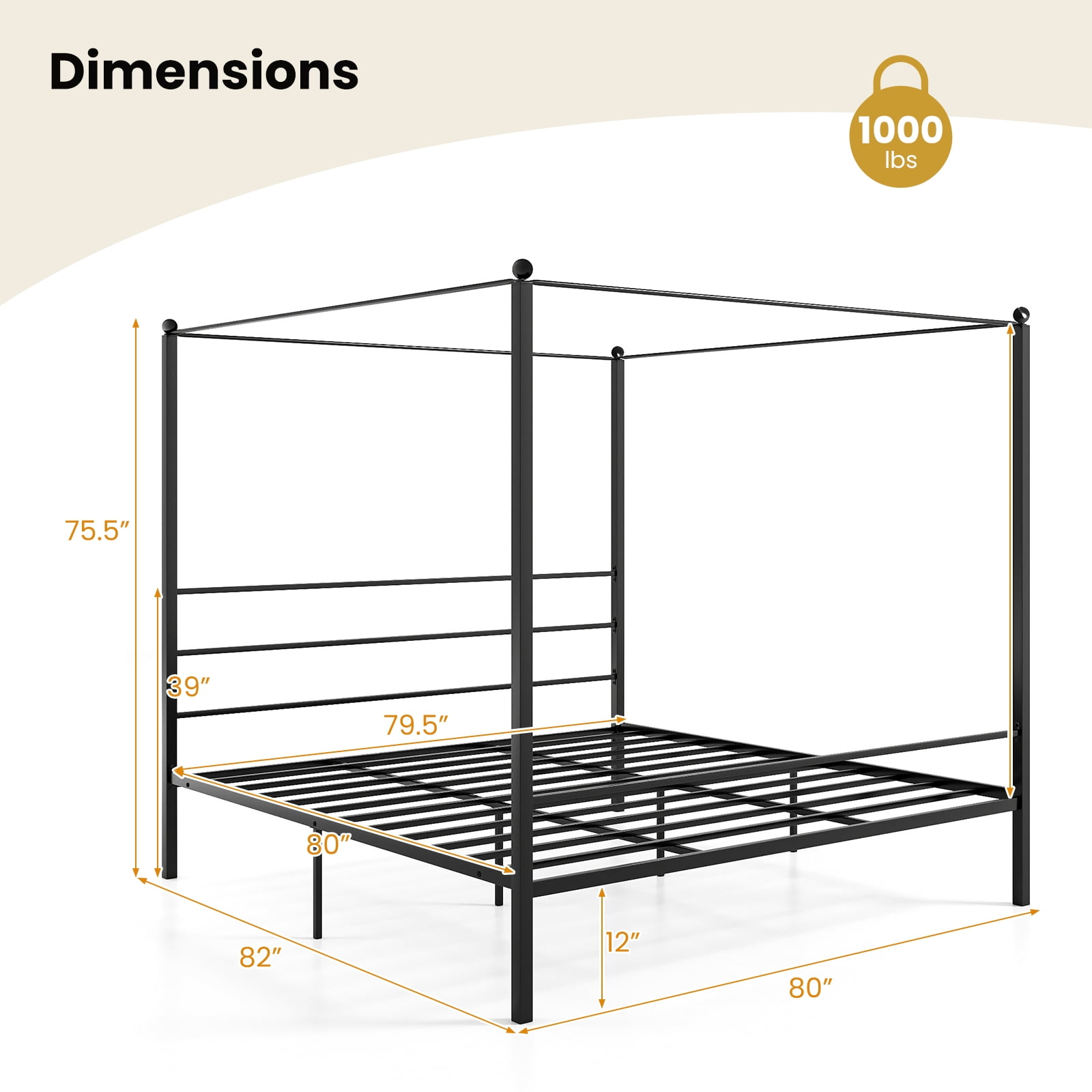 Gymax King Metal Canopy Platform Bed Frame Mattress Foundation w/ Slat Support
