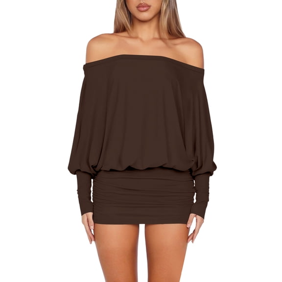 LWavelet Women's Off-the-Shoulder Batwing Sleeve Bodycon Mini Dress for Party & Club Wear Coffee M