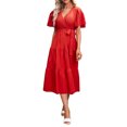thumbnail image 1 of VISgogo Vestido Midi Elegante de Verano para Mujer, Vestido de Manga Corta con Cuello en V de Color Sólido con Cinturón para Fiesta en la Playa VISgogo  moda, 1 of 8