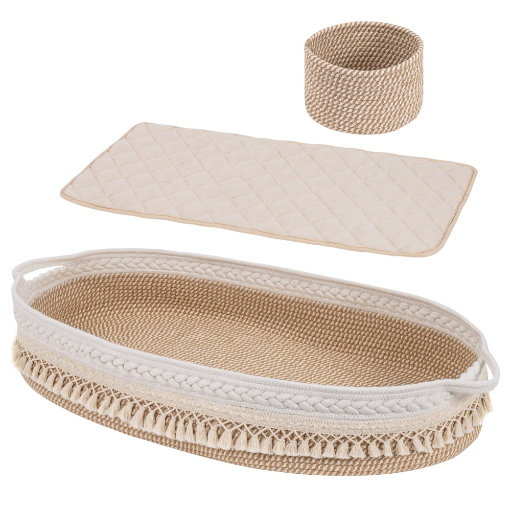  UBBCARE Baby Changing Basket, Cotton Rope Moses Basket for  Newborn, Foam Pad Changing Basket with Waterproof Cover, Unisex Changing  Table Topper for Dresser - Beige & Brown : Baby