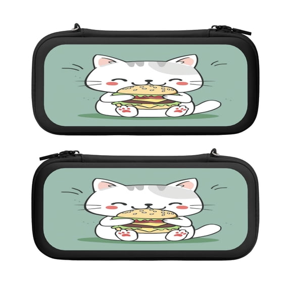 Cute Cat Eating, Carrying Case For Nintendo Switch & OLED Version, Eva Lightweight Shockproof Protective Pouch Case for Game Console & Accessories with 10 Game Card Slot & Wristband, Black