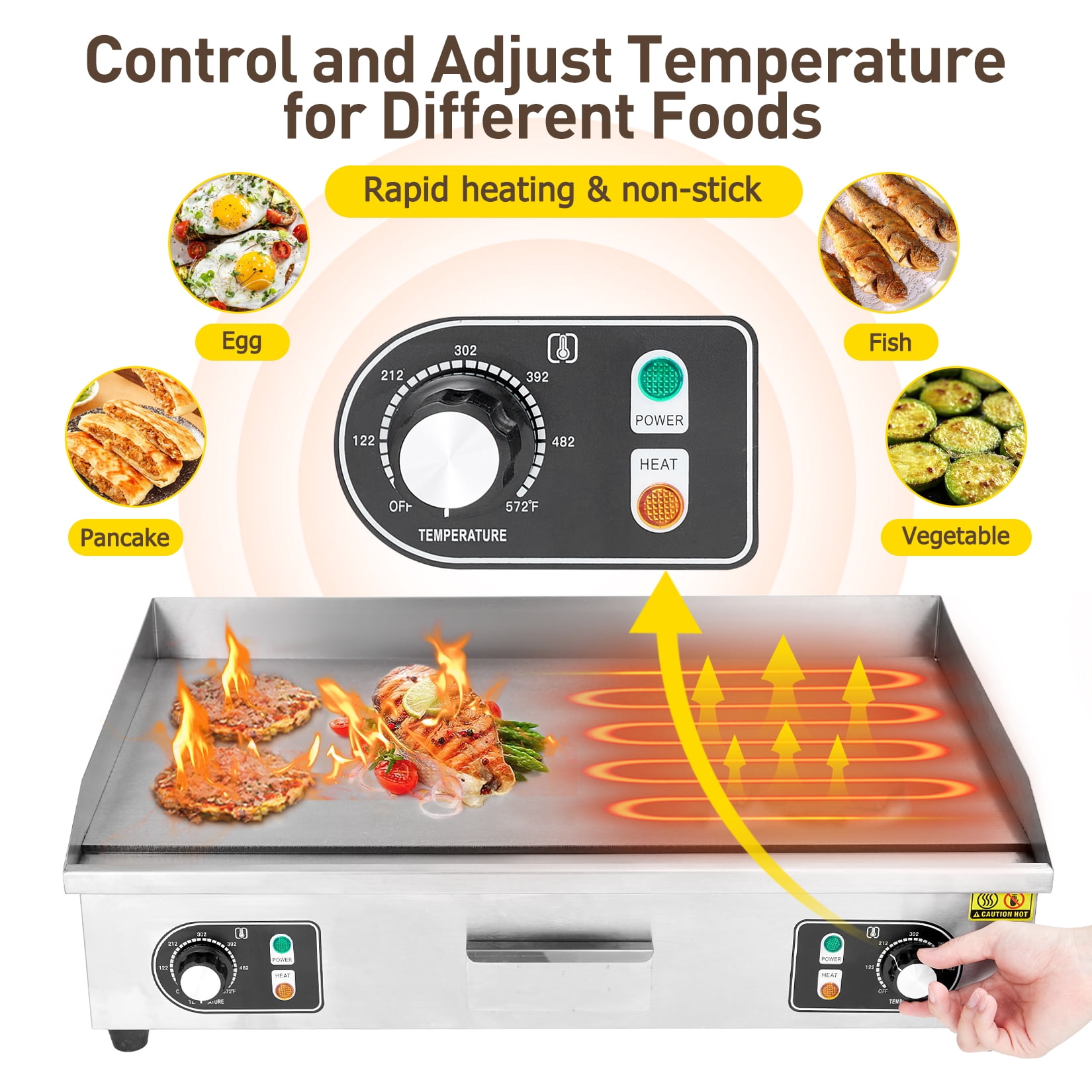 Amkui 28.7" Electric Griddle, 3000W Commercial Electric Countertop Griddle Flat Top Grill Hot Plate BBQ, Restaurant Teppanyaki Grill for Kitchen Non-Stick Stainless Steel 2 Brushes+2 Spatulas