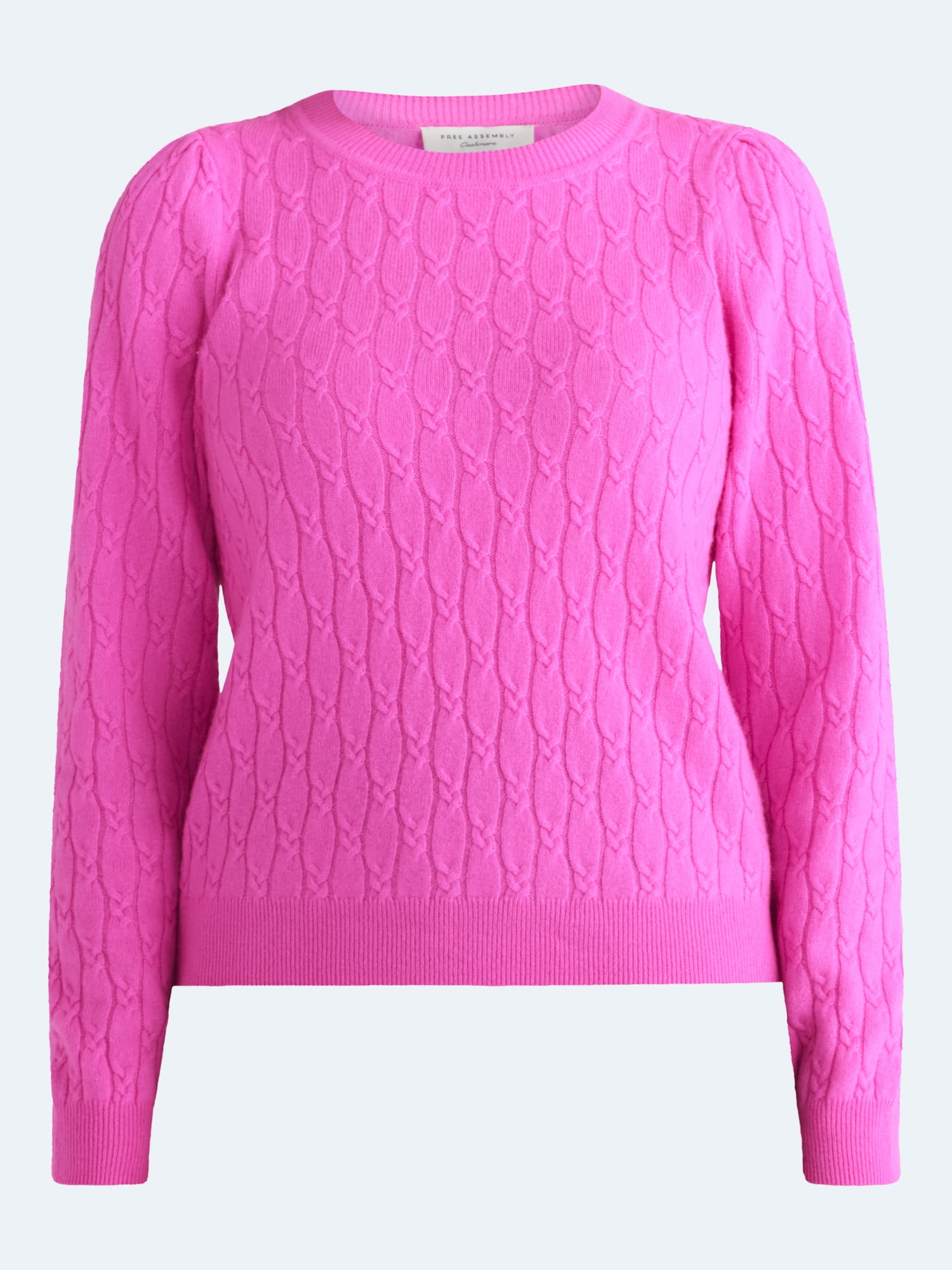 Free Assembly Women's and Women's Plus Cashmere Cable Knit Sweater with Puff Sleeves, Midweight, Sizes XS-4X