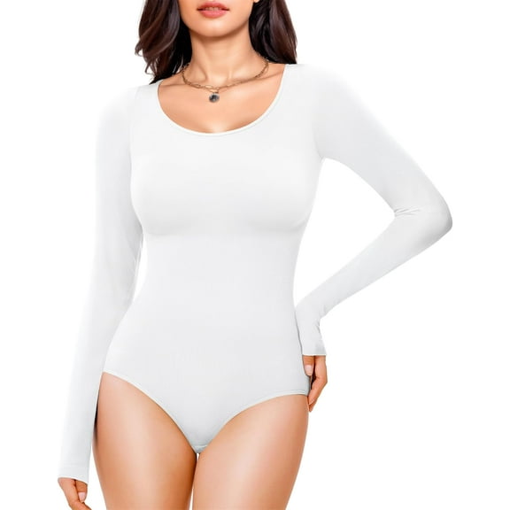 SMZ Long Sleeve Bodysuit for Women Tummy Control Crew Neck Body Suit Tops Slim Fit