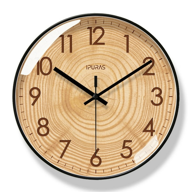 Reloj de pared con grano de madera de 30 cm, silencioso, de cuarzo que no hace tictac