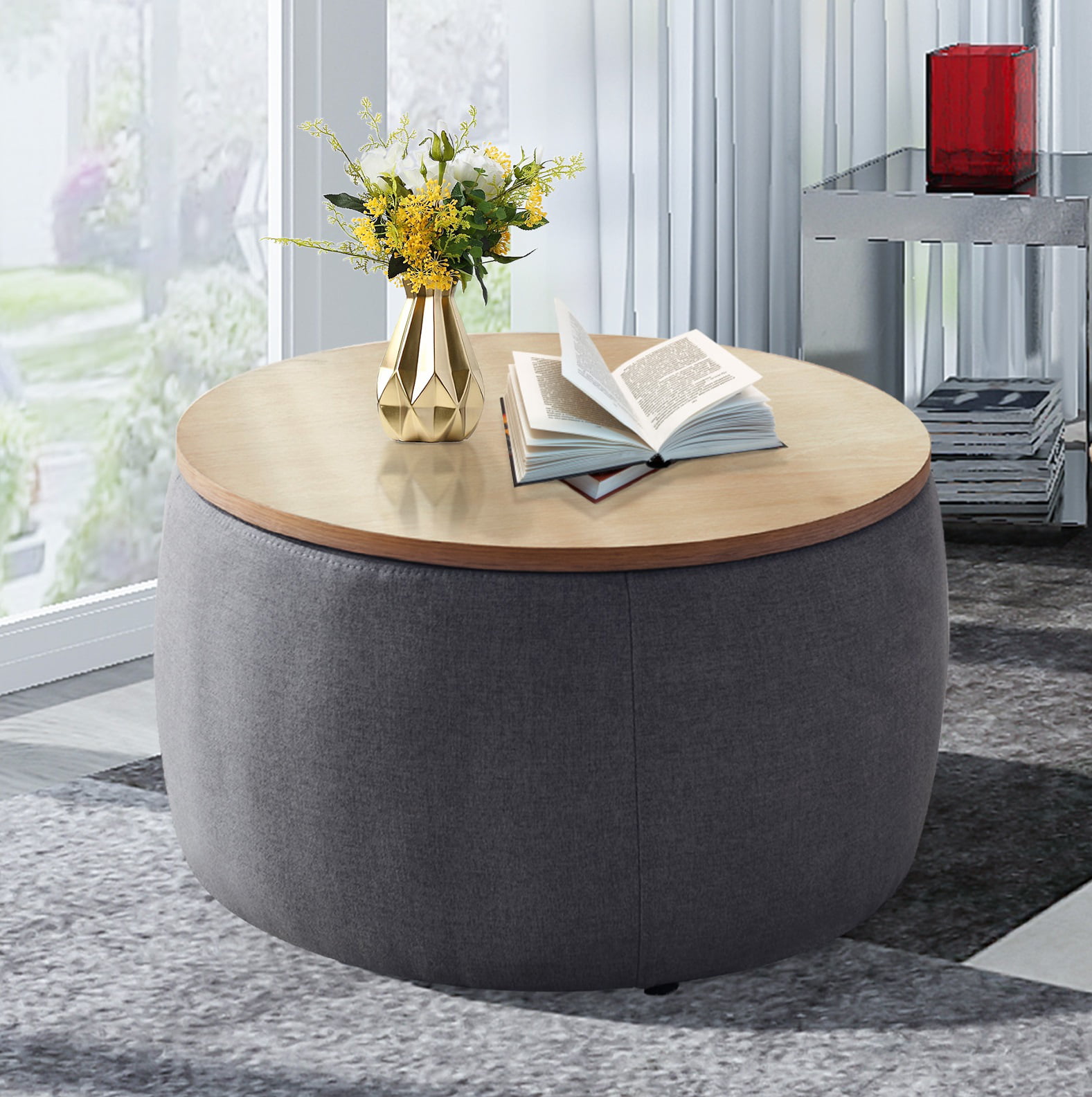 Storage Ottoman with Tray, Round Ottoman Coffee Table Handmade with Storage, Cube Organizer, End Table for Living Room, Gray, LJ422