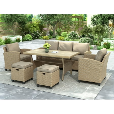 Rattan Wicker Patio Furniture 6 Piece Patio Furniture Sofa Set with 3-Seat Sofa Wicker Chairs Stools Dining Table All-Weather Patio Conversation Set with Cushions for Backyard Garden Pool L4850