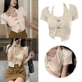 thumbnail image 3 of Elegante look veraniego de dos piezas, diseño irregular, top halter color albaricoque con mangas cortas, talla XL, 3 of 8