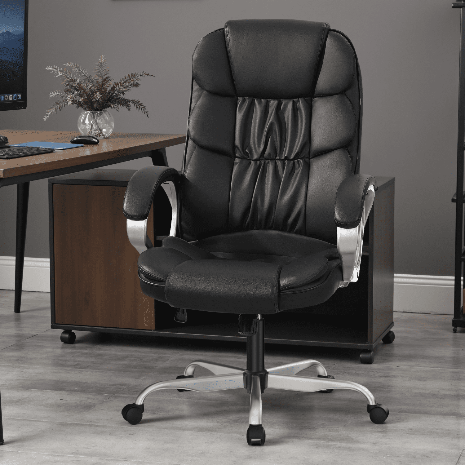 Furmax High Back Office Adjustable Ergonomic Desk Padded Armrests Executive PU Leather Swivel Task Chair with Lumbar Support, Black