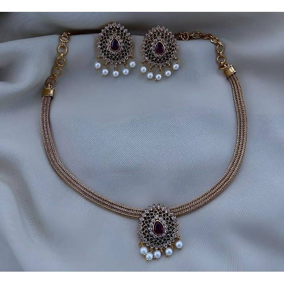 South Indian Bollywood Gold Plated AD CZ Multicolor Stone Brass Necklace Set with Matching Drop Earrings – Ethnic & Bridal Jewelry