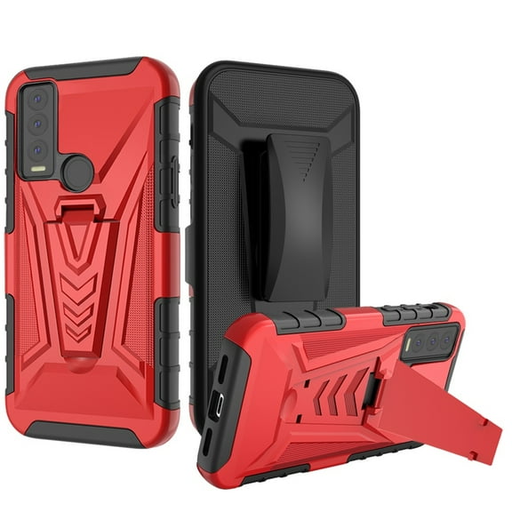 For Cricket Ovation 3 Holster Cover Phone Case Tempered Glass - Red